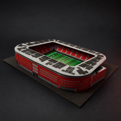 Barevný 3D model stadionu Eden – celkový pohled na výraznou červenou fasádu
