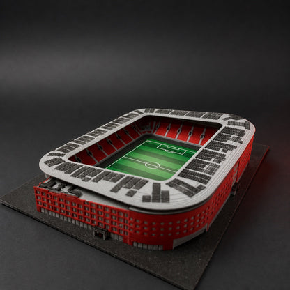Barevný 3D model stadionu Eden – studiový pohled přes červenou fasádu