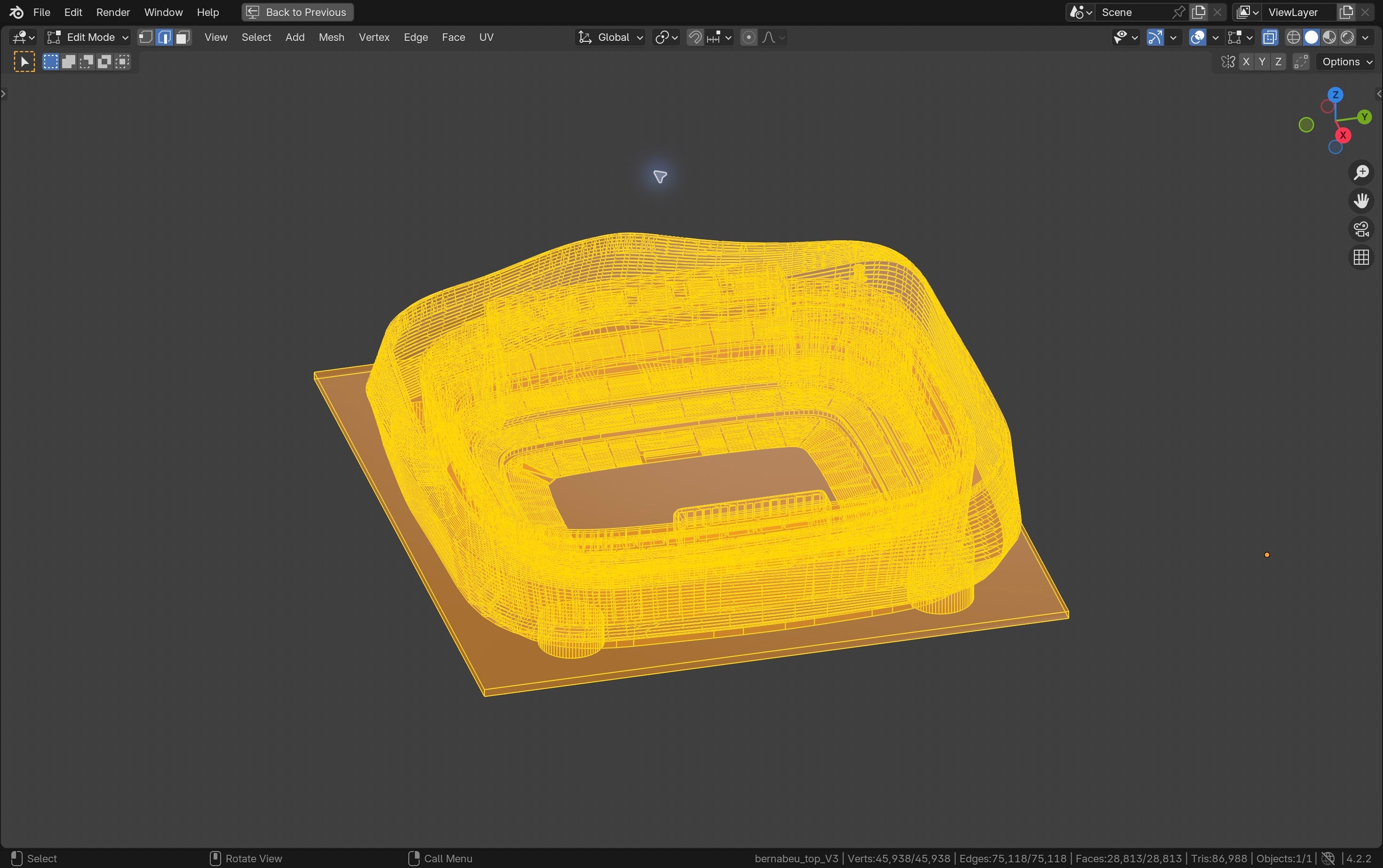 Skutečný model Santiago Bernabéu v pracovním X-ray pohledu Blenderu